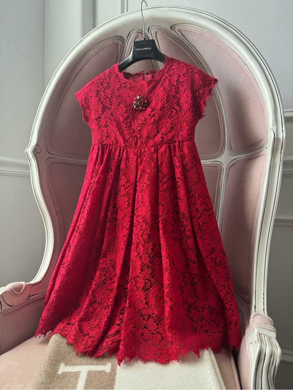 Dolce & Gabbana Girls' Red Lace A-Line Dress with Brooch